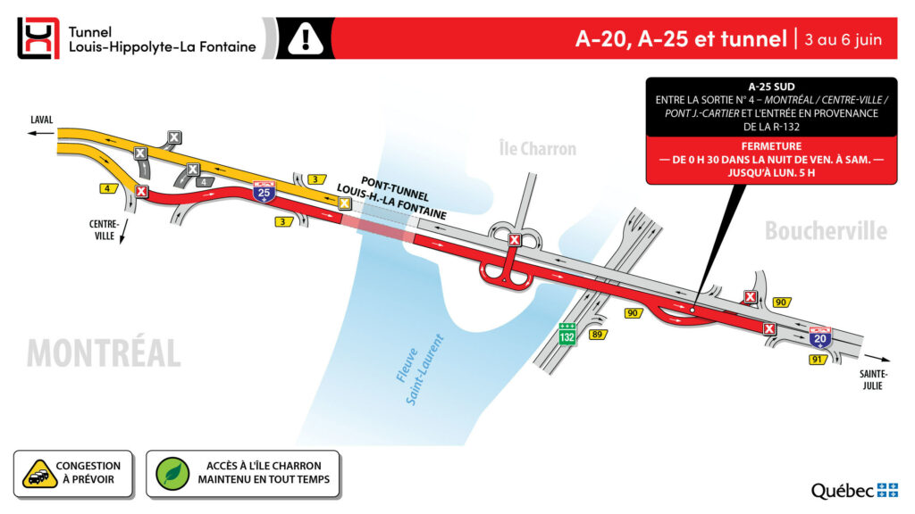 Carte des détours dus à la fermeture du Tunnel La Fontaine du 3 au 6 juin 2022.