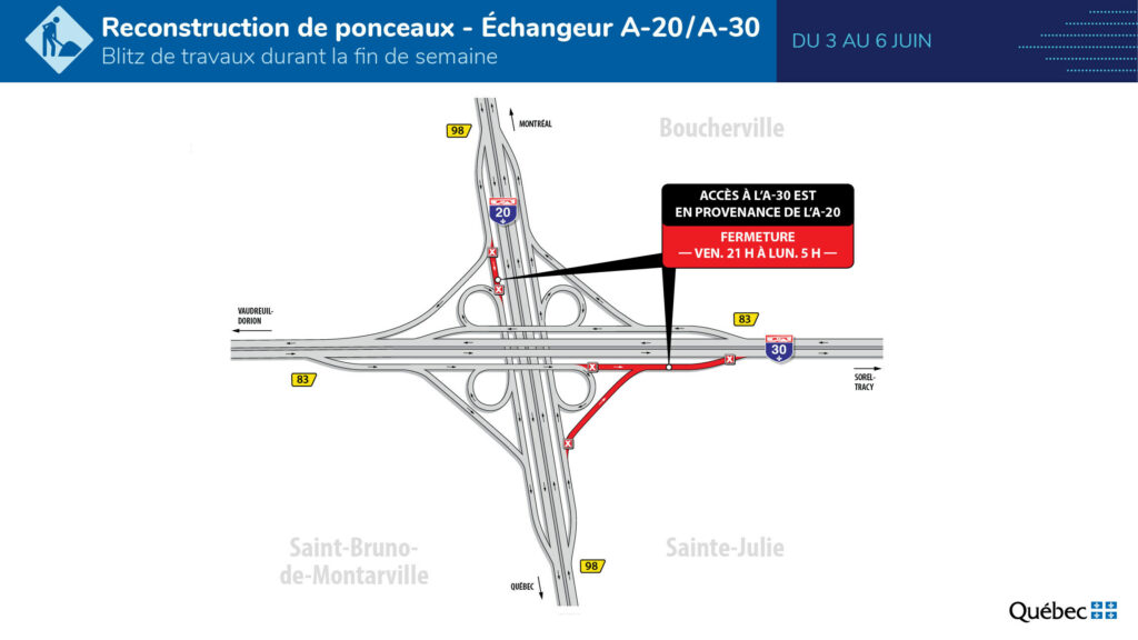 Carte des entraves à la circulation sur l’autoroute 30 du 3 au 6 juin 2022.