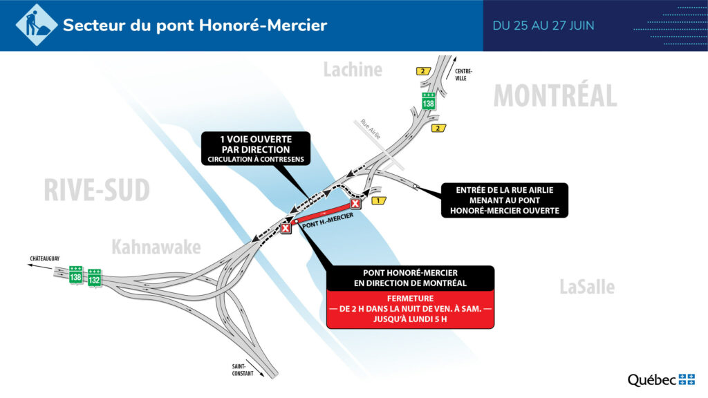Carte des travaux sur le pont Mercier durant le week-end du 25 juin 2022.