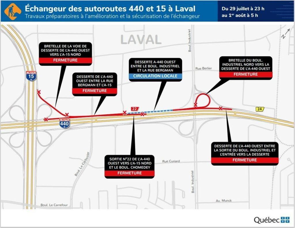 Carte des travaux sur la 440 à Laval du 29 juillet au 1er août.
