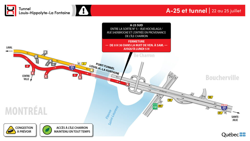 Carte du MTQ illustrant les zones de travaux aux abords du tunnel La Fontaine du 22 au 25 juillet 2022.