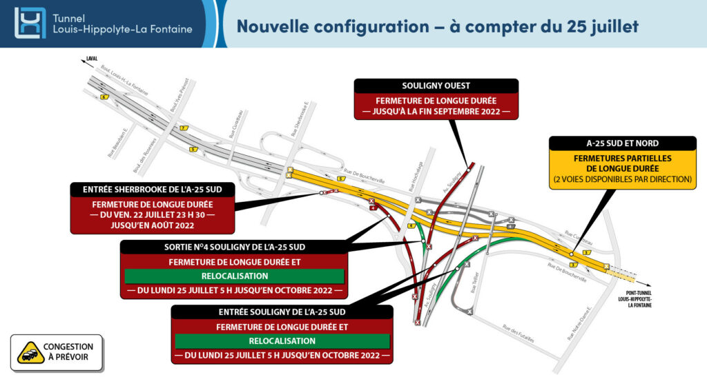 Carte du MTQ illustrant les zones de travaux aux abords du tunnel La Fontaine du 22 au 25 juillet 2022.
