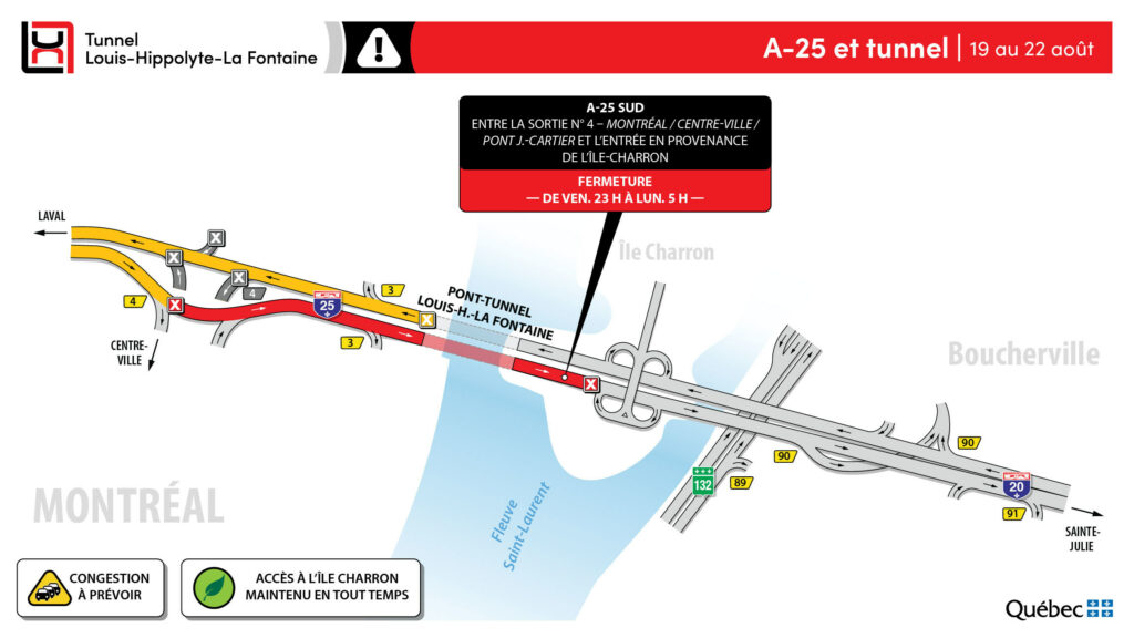 Carte du MTQ qui illustre les travaux au tunnel La Fontaine le week-end du 19 au 22 août 2022.
