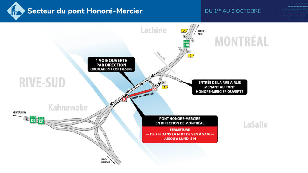 Carte des travaux sur le pont Mercier au cours du week-end du 1er octobre 2022.