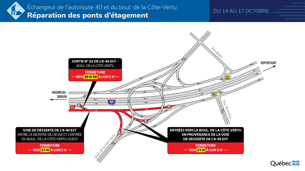 Carte des travaux dans l’échangeur Côte-Vertu durant la fin de semaine du 14 octobre 2022.