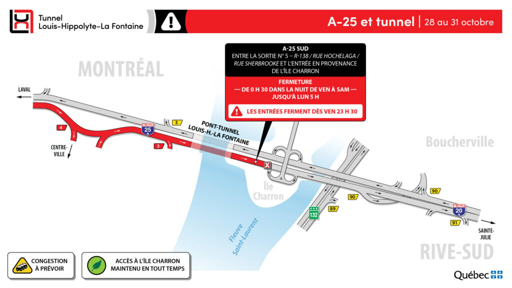 Carte des travaux dans le tunnel La Fontaine pendant le week-end du 28 au 31 octobre 2022.