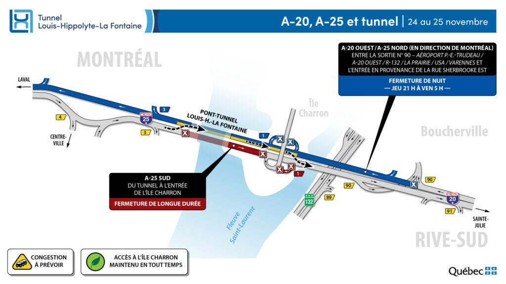 Carte des travaux du MTMD dans la nuit du 24 au 25 novembre 2022 dans le tunnel La Fontaine.
