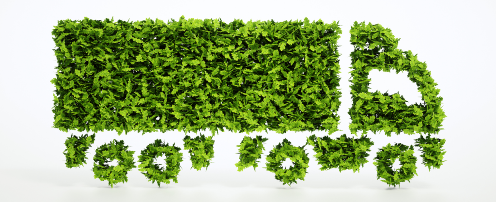 Image de synthèse d’un camion écolo fait de feuilles vertes.

