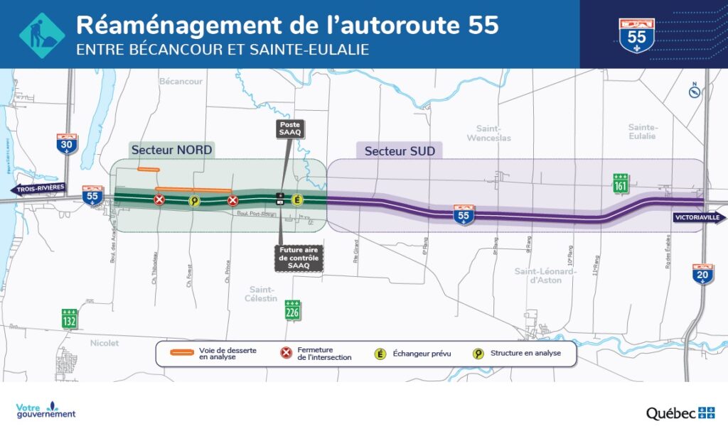 Carte des travaux d’élargissement de l’autoroute 55.
