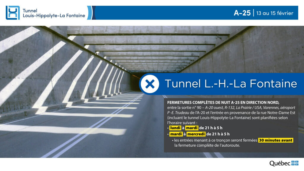 Intérieur du tunnel La Fontaine avec infographie sur les heures de fermeture les 13 et 14 février 2023.