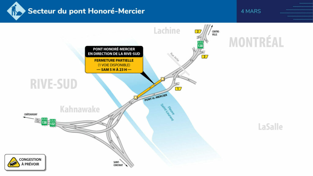 Carte des travaux sur le pont Mercier le 4 mars 2023
