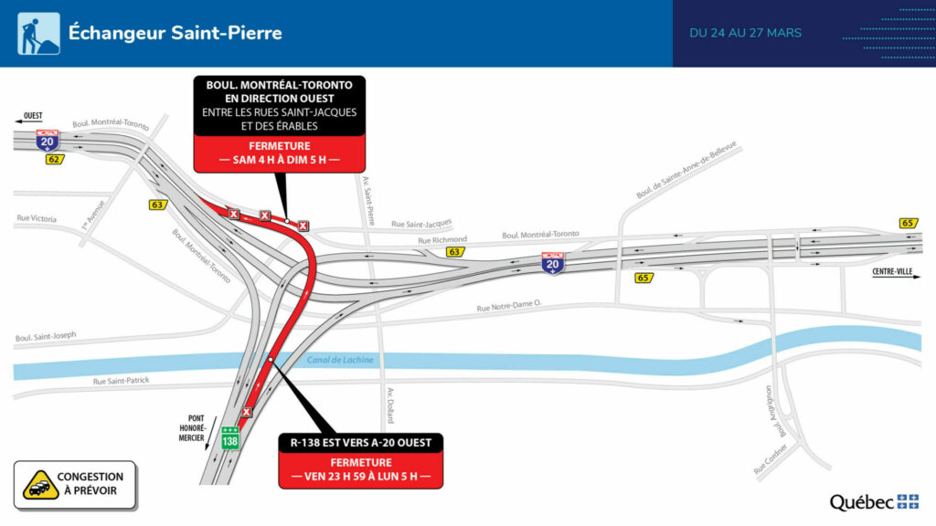 Carte qui décrit les travaux à l’échangeur St-Pierre pendant la fin de semaine du 24 mars 2023.