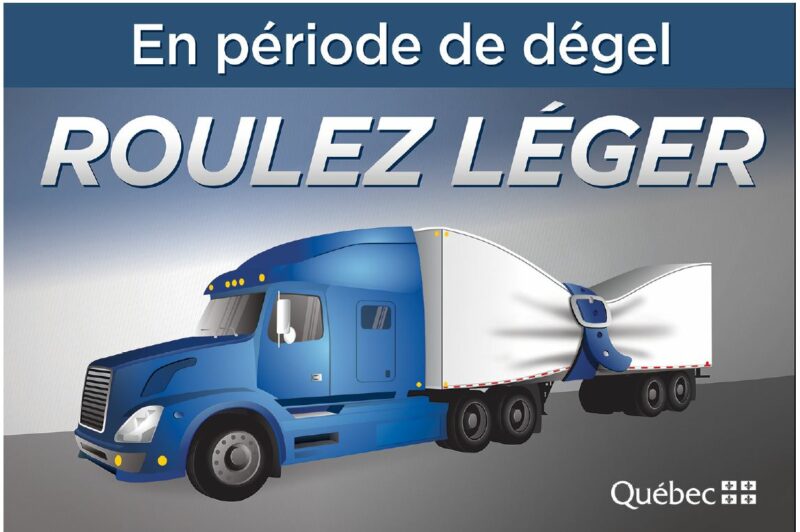 Affiche du gouvernement qui montre un camion qui se serre la ceinture en période de dégel