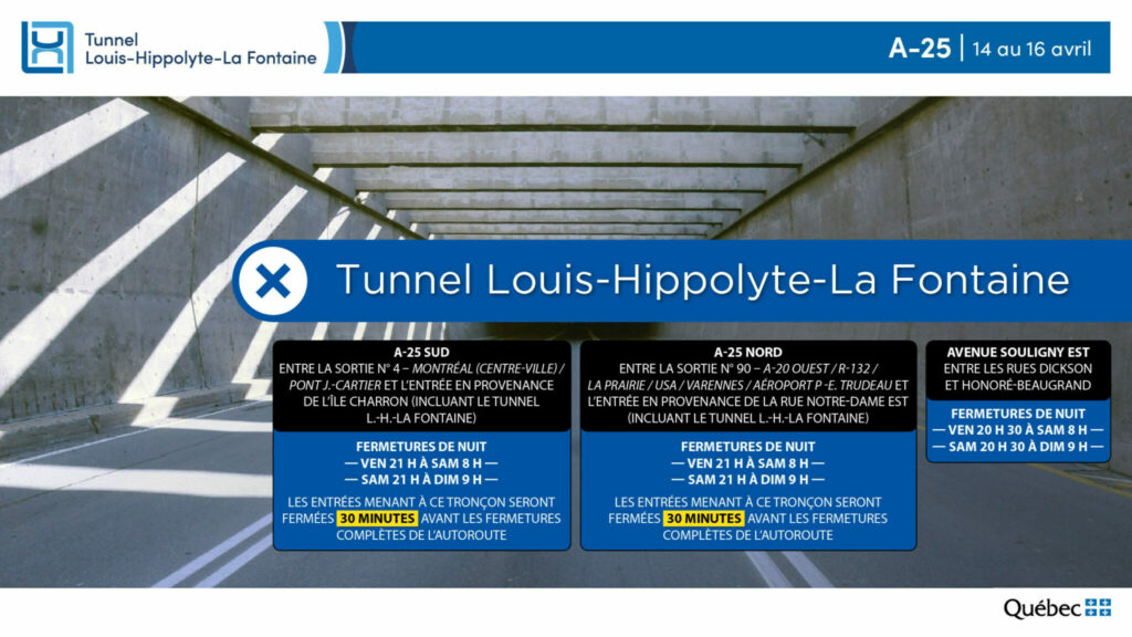 Carte des travaux dans le tunnel La Fontaine le week-end du 14 avril 2023.