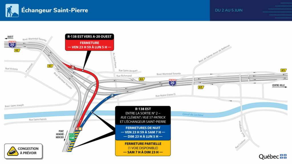 Carte des travaux dans l’échangeur St-Pierre, du 2 au 5 juin 2023