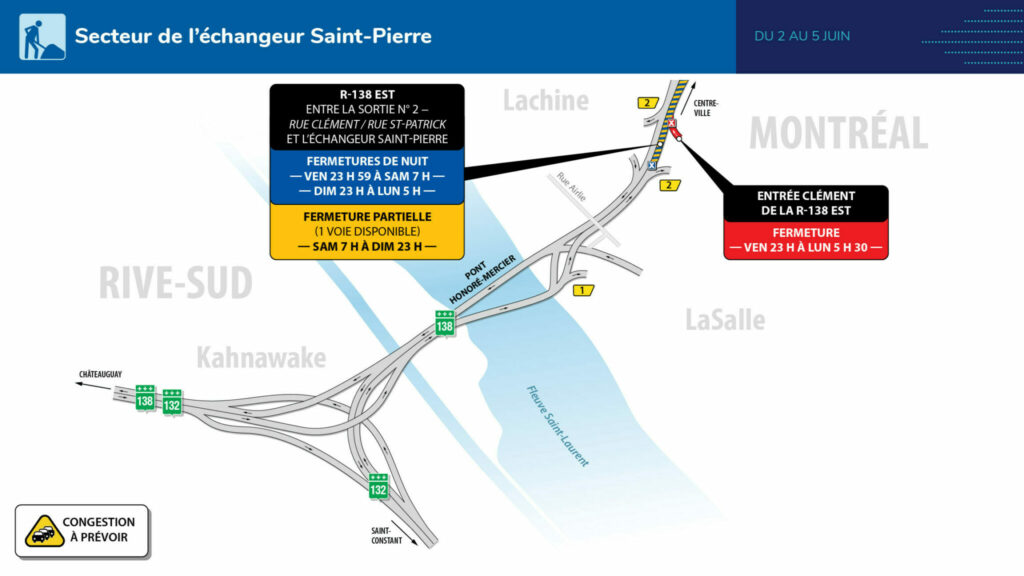 Carte des travaux dans l’échangeur St-Pierre, du 2 au 5 juin 2023