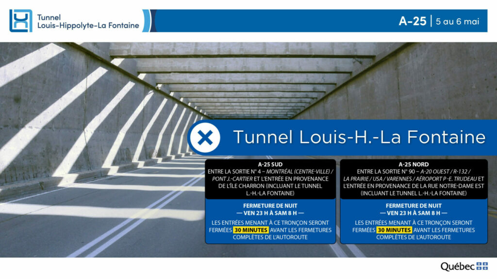 Vue de l’intérieur du tunnel avec indications de fermeture, nuit du 5 au 6 mai 2023.