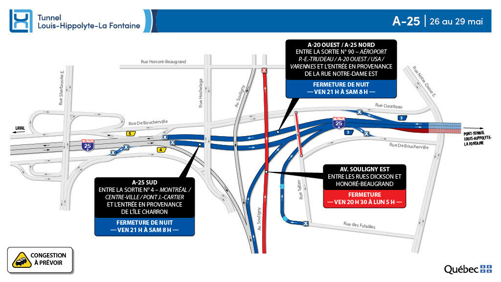 Carte des travaux tunnel La Fontaine, nuit du 26 au 27 mai 2023