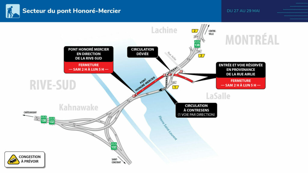 Carte des travaux sur pont Mercier 27-29 mai 2023