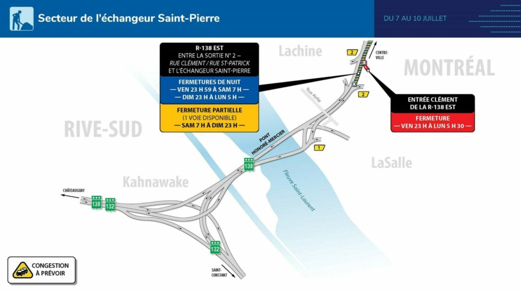 Carte des travaux dans l’échangeur St-Pierre, 7 au 10 juillet 2023