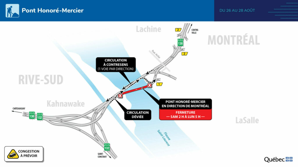 Cartes des travaux échangeur St—Pierre et pont Mercier week-end 25 août 2023
