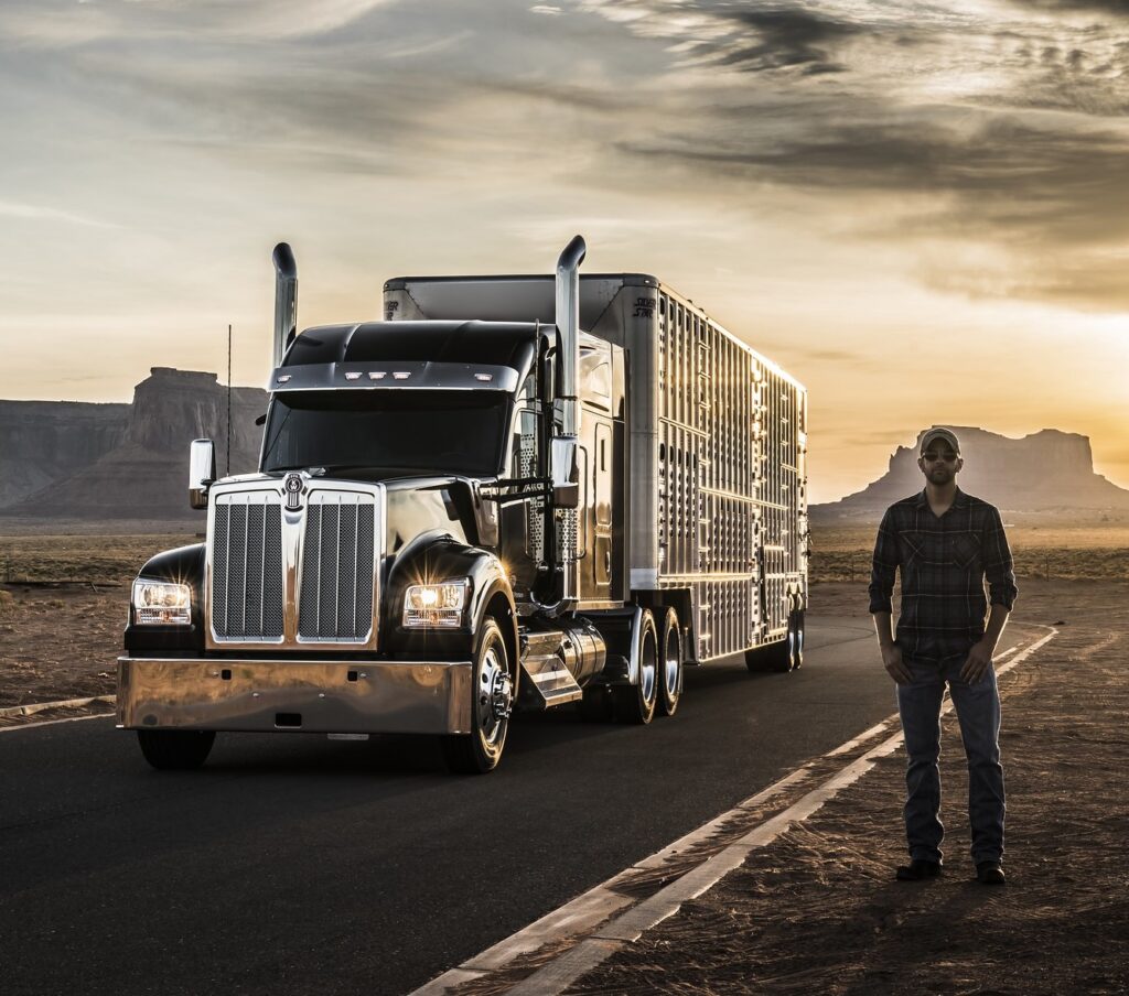 Camion de transport de bétail et son chauffeur en bordure de route désertique